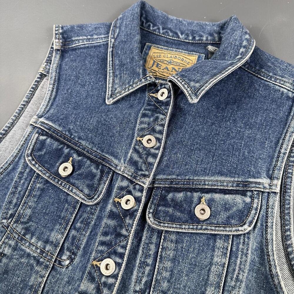 VTG Liz Claiborne Denim Vest Womens Medium Blue Moto Boho Y2K Biker Grunge - Picture 2 of 6